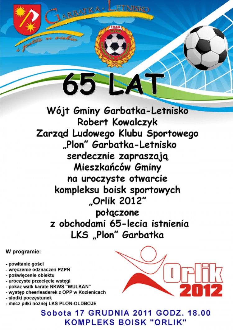 Zaproszenie 17 grudnia otwarcie kompleksu boisk sportowych „Orlik 2012”