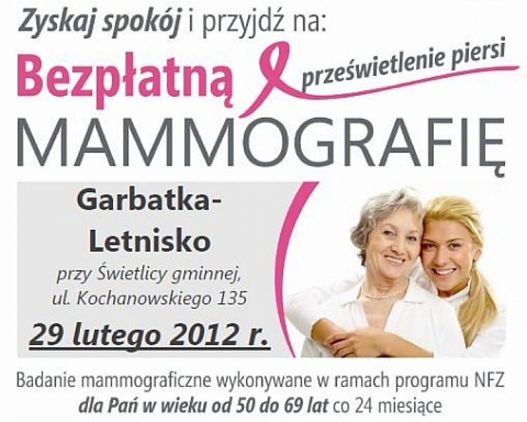 Zaproszenie na bezpłatną mammografię Weź udział w konkursie i wygraj tygodniowy pobyt w sanatorium