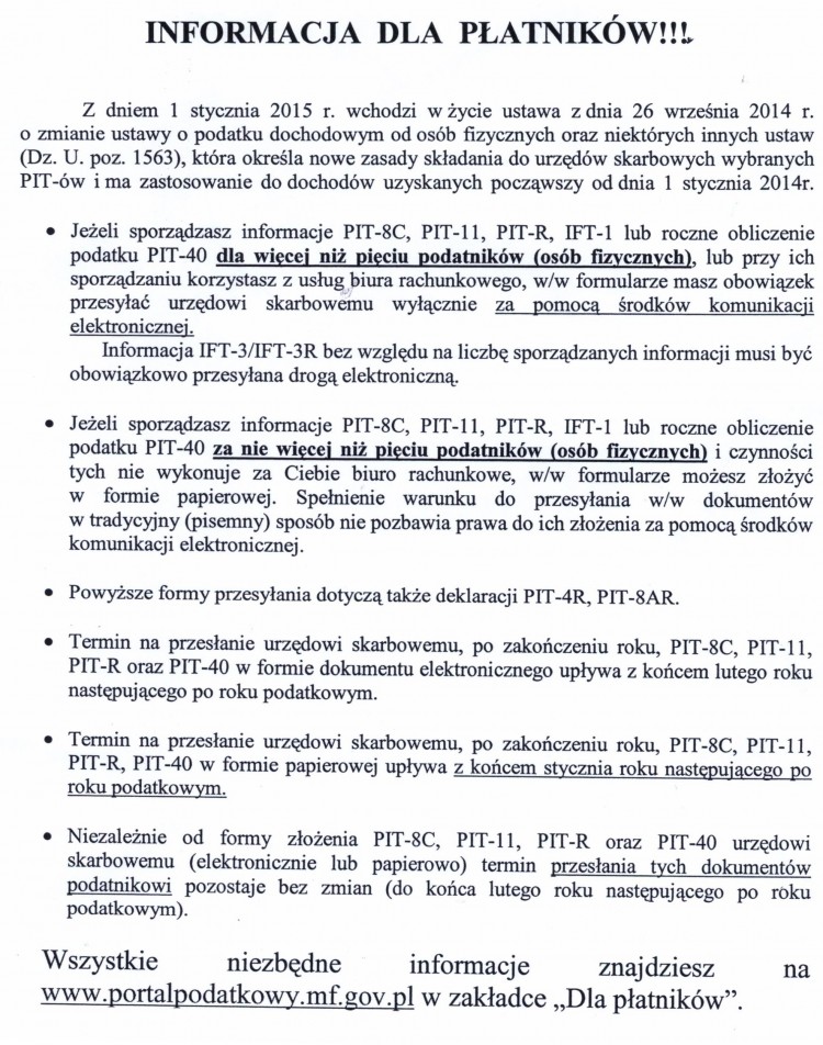 Informacja dla Podatników