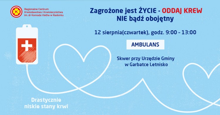 Uratuj komuś życie i oddaj jutro krew na skwerze w Garbatce-Letnisku!