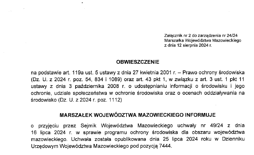 Obwieszczenie Marszałka Województwa Mazowieckiego z dnia 12 sierpnia 2024